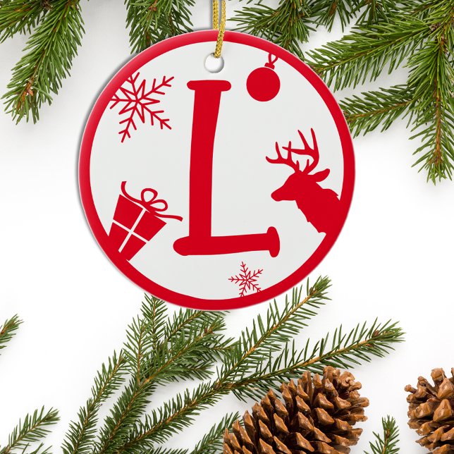 Christmas Monogram Letter L Red White Ceramic Tree Decoration (Creator Uploaded)