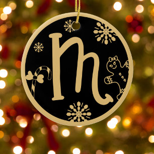 Christmas Monogram Letter M Gold Black Ceramic Tree Decoration