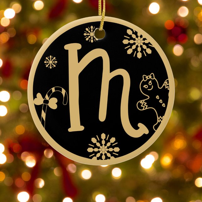 Christmas Monogram Letter M Gold Black Ceramic Tree Decoration (Creator Uploaded)