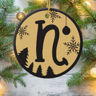 Christmas Monogram Letter N Black Gold Ceramic Tree Decoration