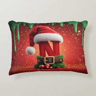 Christmas Monogram Letter N with Santa Hat Decorative Cushion
