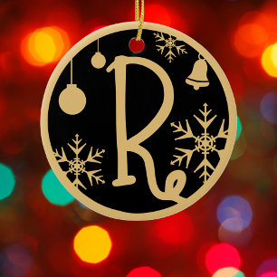 Christmas Monogram Letter R Gold Black Ceramic Tree Decoration