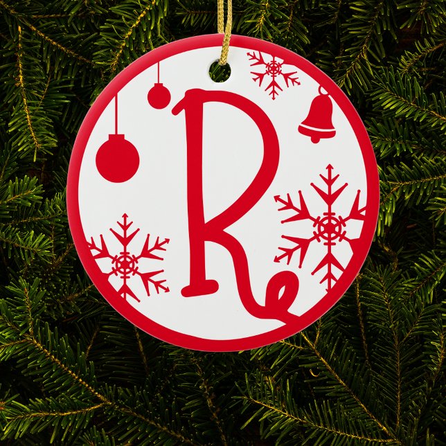 Christmas Monogram Letter R Red White Ceramic Tree Decoration (Creator Uploaded)