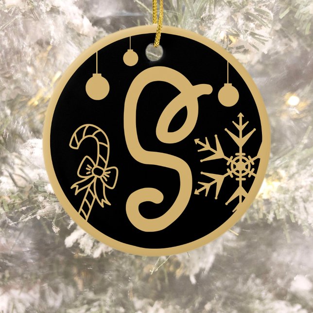 Christmas Monogram Letter S Gold Black Ceramic Tree Decoration (Creator Uploaded)