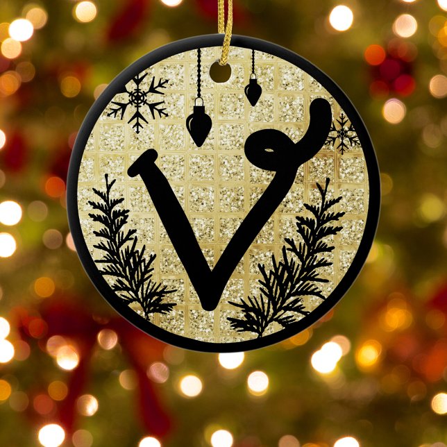 Christmas Monogram Letter V Black Gold Glitter Ceramic Tree Decoration (Creator Uploaded)