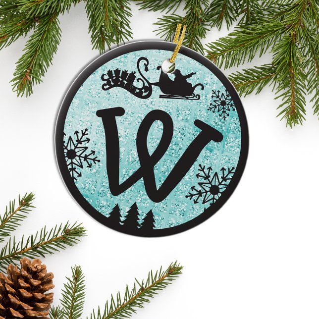 Christmas Monogram Letter W Black Blue Glitter Ceramic Tree Decoration (Creator Uploaded)