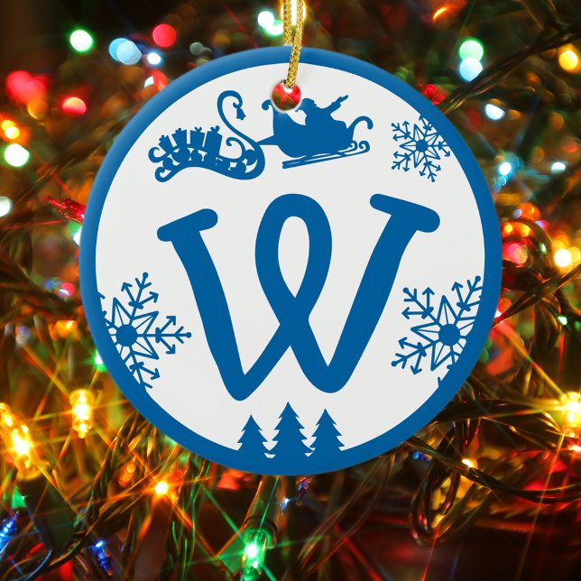 Christmas Monogram Letter W Blue White Ceramic Tree Decoration (Creator Uploaded)