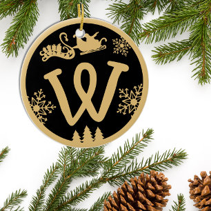 Christmas Monogram Letter W Gold Black Ceramic Tree Decoration