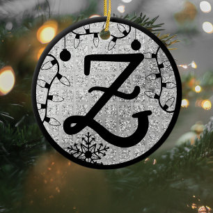 Christmas Monogram Letter Z Black Silver Glitter Ceramic Tree Decoration