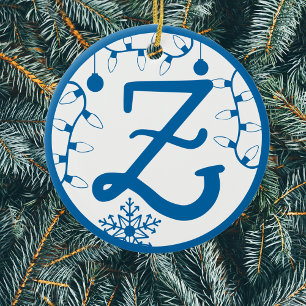 Christmas Monogram Letter Z Blue White Ceramic Tree Decoration