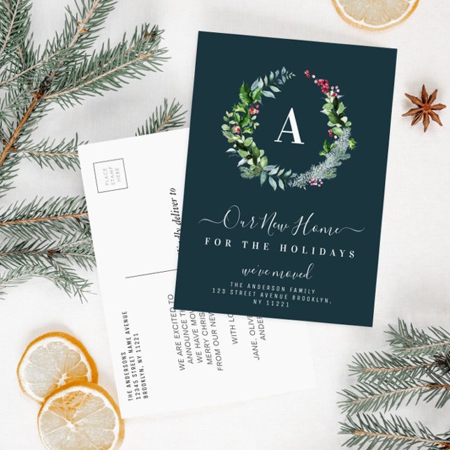 christmas monogram moving announcement postcard (Creator Uploaded)