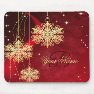Christmas Monogram Name Red Golden Snowflakes Gift Mouse Mat