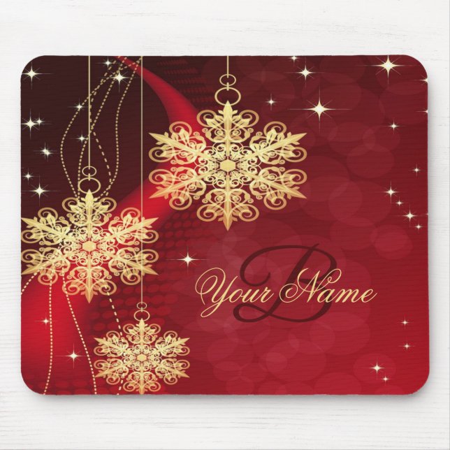 Christmas Monogram Name Red Golden Snowflakes Gift Mouse Mat (Front)
