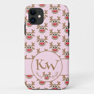 Christmas Monogram Pink Cute Reindeer Pattern iPhone 11 Case
