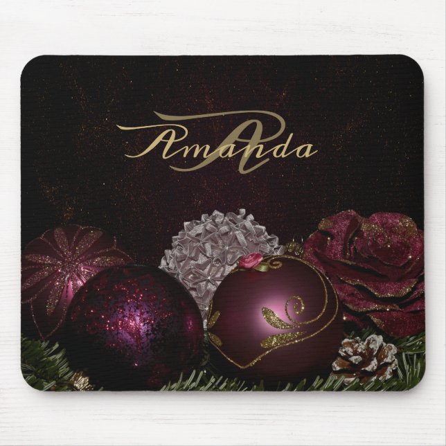 Christmas Monogram Pink Ornament Green Black Mouse Mat (Front)