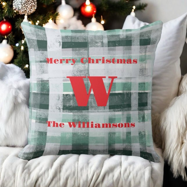 Christmas monogram plaid tartan green white red  cushion (Creator Uploaded)
