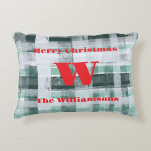 Christmas monogram plaid tartan green white red  decorative cushion