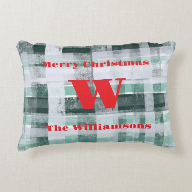 Christmas monogram plaid tartan green white red  decorative cushion (Front)