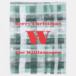 Christmas monogram plaid tartan green white red  fleece blanket