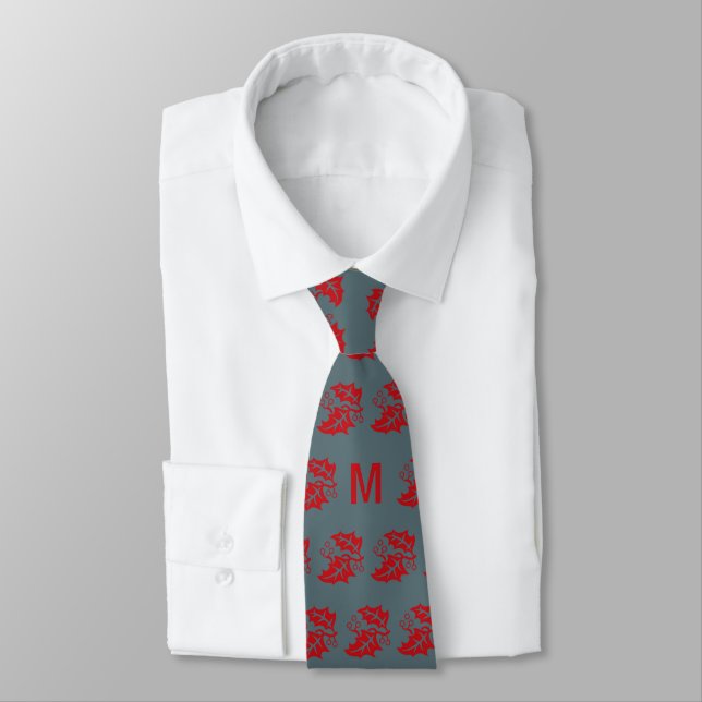 Christmas Monogram Qing Holly Neck Tie (Tied)