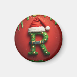 Christmas Monogram R with Santa Hat – Holiday Gift Magnet