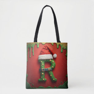 Christmas Monogram R with Santa Hat – Holiday Gift Tote Bag