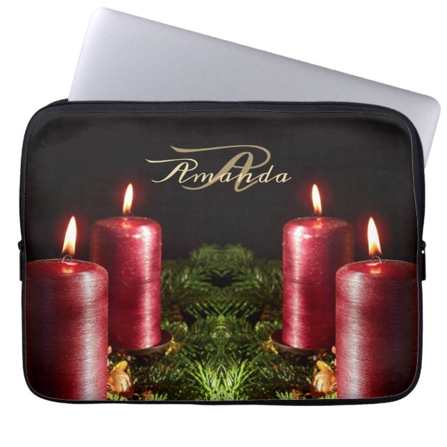 Christmas Monogram Red Candles Winter Holidays Laptop Sleeve (Front)