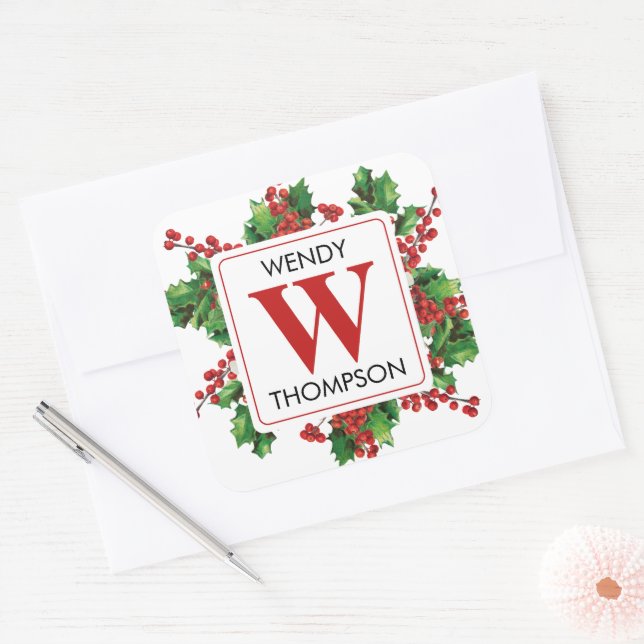 Christmas Monogram Red & Green Festive Square Sticker (Envelope)