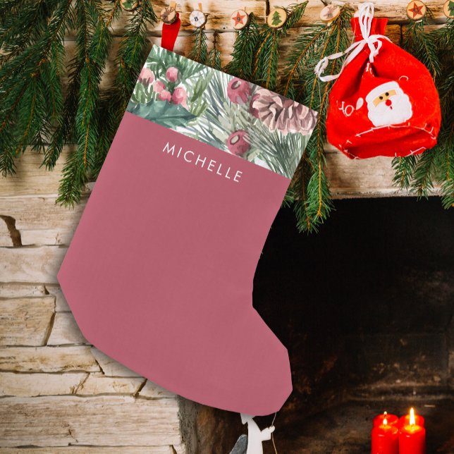 Christmas Monogram Red Holly Berries Pine Cone Small Christmas Stocking (Watercolor holly berries and pine needles for a botanical style Christmas holiday stocking.)
