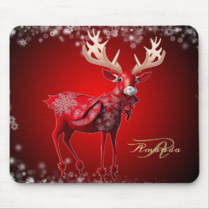 Christmas Monogram Red Reindeer Winter Holidays Mouse Mat