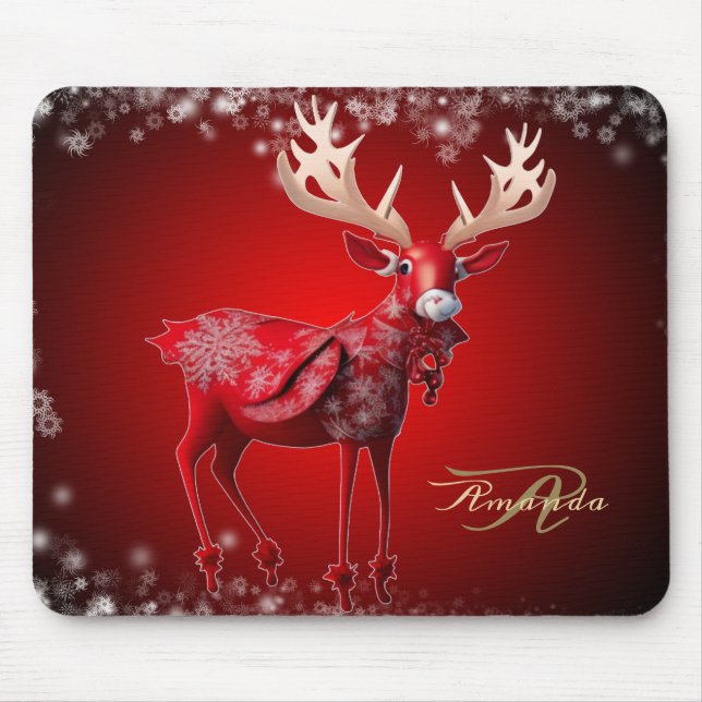Christmas Monogram Red Reindeer Winter Holidays Mouse Mat (Front)