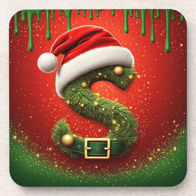Christmas Monogram S with Santa Hat Holiday Gift Coaster (Front)