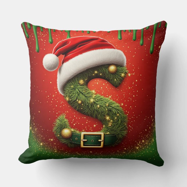 Christmas Monogram S with Santa Hat Holiday Gift Cushion (Front)
