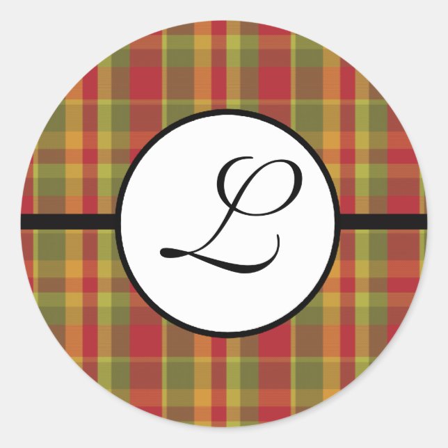 Christmas Monogram Sticker Plaid Red Green Tan (Front)
