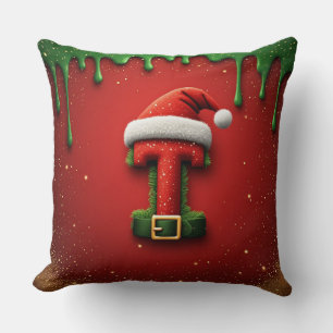 Christmas Monogram T with Santa Hat Holiday Gift Cushion
