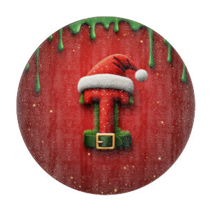 Christmas Monogram T with Santa Hat Holiday Gift Cutting Board