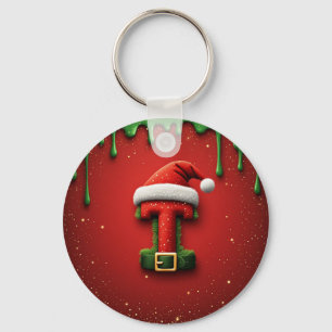 Christmas Monogram T with Santa Hat Holiday Gift Key Ring