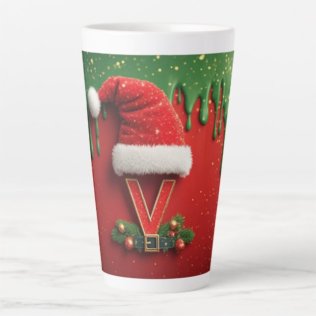 Christmas Monogram V Santa Holiday Letter Latte Mug (Front)