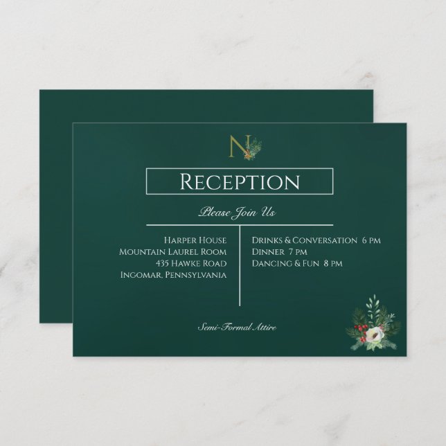 Christmas Monogram Wedding Reception  Enclosure Card (Front/Back)