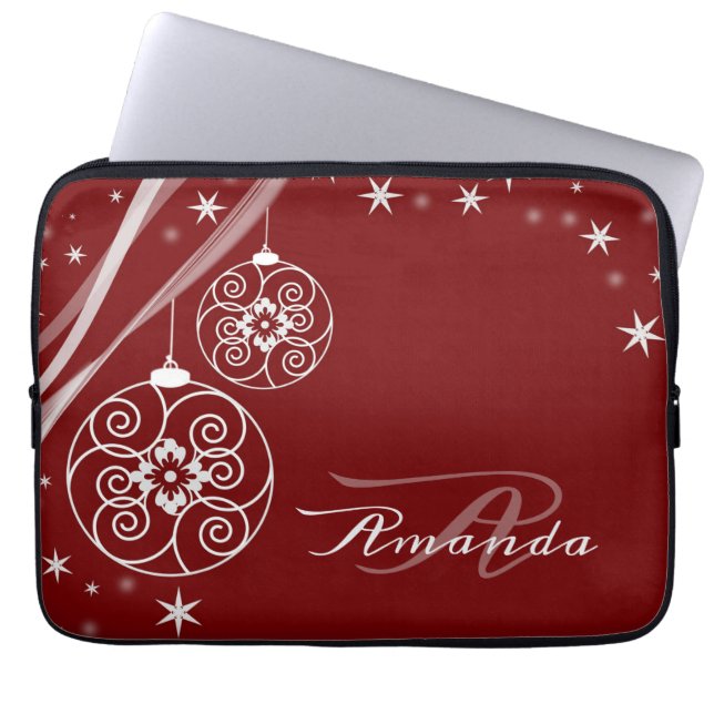 Christmas Monogram White Ornaments Red Elegant Laptop Sleeve (Front)
