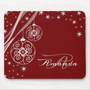 Christmas Monogram White Ornaments Red Elegant Mouse Mat