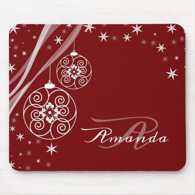 Christmas Monogram White Ornaments Red Elegant Mouse Mat (Front)