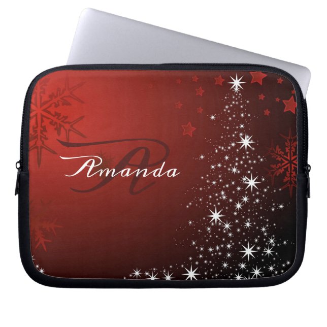 Christmas Monogram White Stars Tree Red Snowflakes Laptop Sleeve (Front)