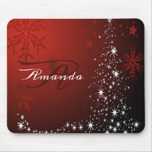 Christmas Monogram White Stars Tree Red Snowflakes Mouse Mat