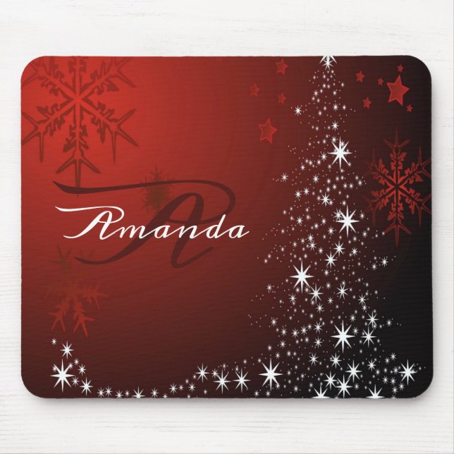Christmas Monogram White Stars Tree Red Snowflakes Mouse Mat (Front)