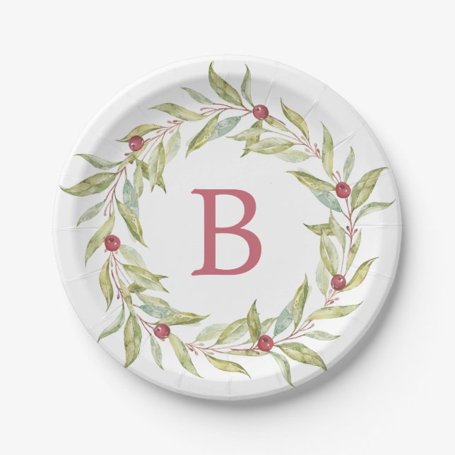 Christmas Monogram Winter Greenery Leaves Berries Paper Plate (Front)
