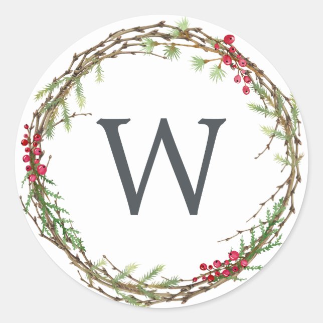Christmas Monogram Winter Greenery Wreath Berries Classic Round Sticker (Front)