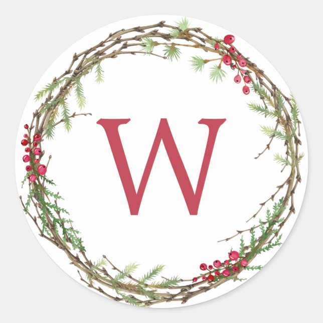 Christmas Monogram Winter Greenery Wreath Berries Classic Round Sticker (Front)