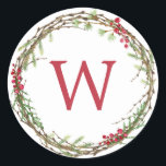 Christmas Monogram Winter Greenery Wreath Berries Classic Round Sticker<br><div class="desc">Rustic monogrammed winter greenery leaves berries wreath Christmas envelope seal or gift sticker. Simply customise the Christmas label by adding your monogram initial. Modern and simple,  red and green Christmas theme. Exclusively designed for you by Happy Dolphin Studio. If you need any help please contact us at happydolphinstudio@outlook.com.</div>