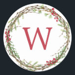 Christmas Monogram Winter Greenery Wreath Berries Classic Round Sticker<br><div class="desc">Rustic monogrammed winter greenery leaves berries wreath Christmas envelope seal or gift sticker. Simply customise the Christmas label by adding your monogram initial. Modern and simple,  red and green Christmas theme. Exclusively designed for you by Happy Dolphin Studio. If you need any help please contact us at happydolphinstudio@outlook.com.</div>